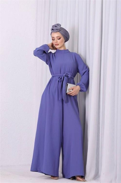 kadın lila mavisi kuşaklı gül detaylı salaş tulum NMS003