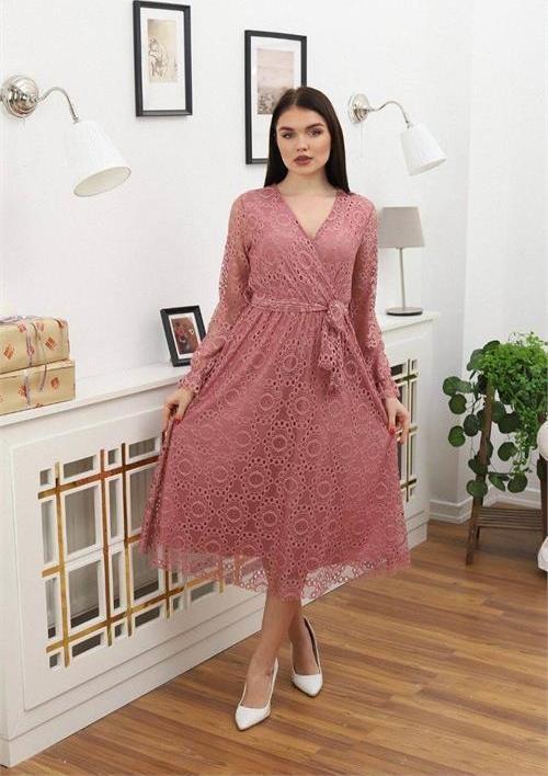 kadın bağlama detaylı dantel elbise RSSN619 - Gül kurusu