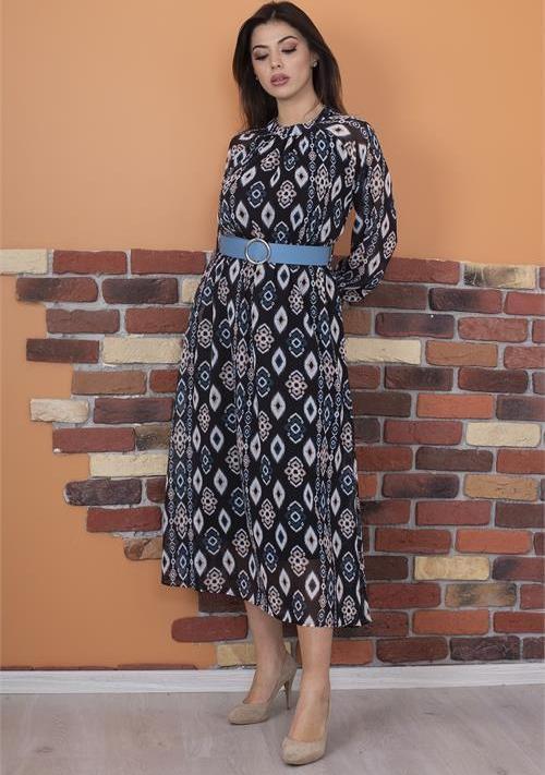 kadın kemerli yaka detaylı uzun şifon elbise RY0032