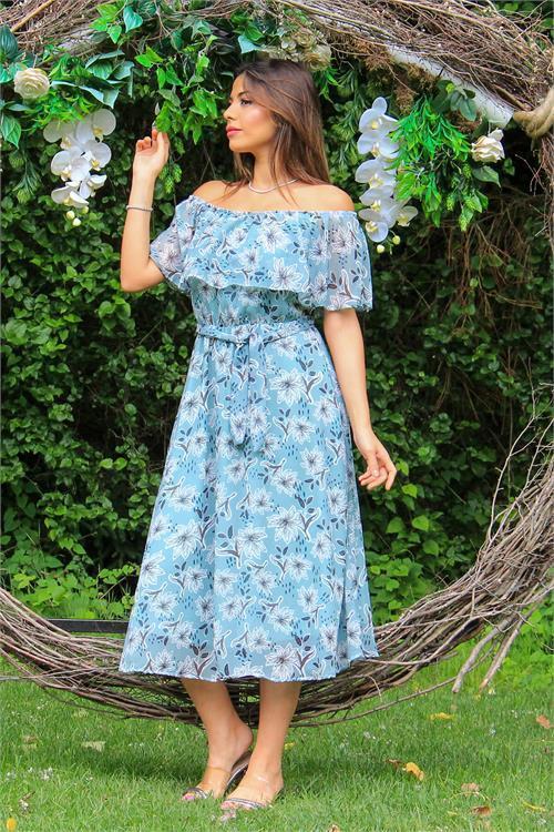 kadın mint carmen yaka çiçekli midi boy şifon elbise DP10037