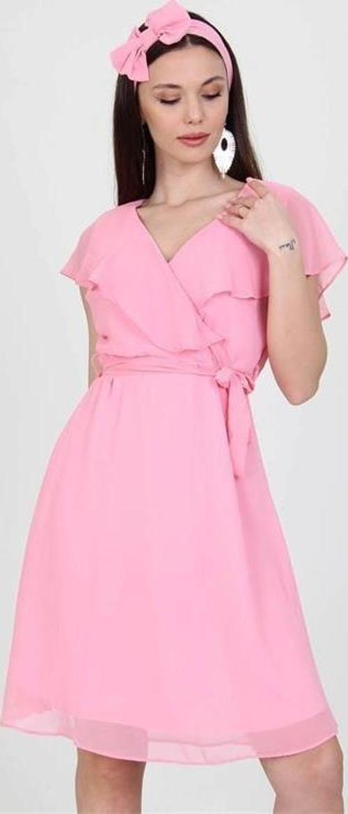 Kadın Kruvaze Yaka Bağlama Detaylı Yeni Sezon Şifon Elbise DP8081