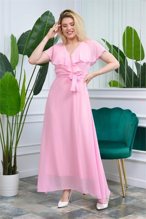 Kadın Pudra Kruvaze Yaka Bağlama Detaylı Uzun Şifon Elbise KTS001