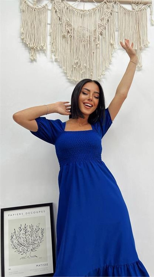 kadın saks mavisi poplin kare yaka elbise DPG018