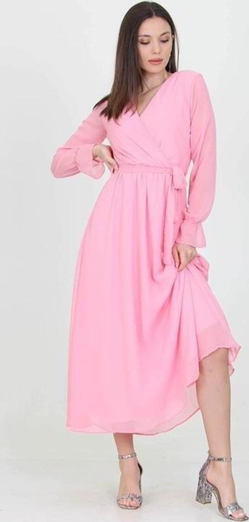 Kadın Pudra Yeni Sezon Astarlı Kruvaze Yaka Uzun Şifon Elbise DP003