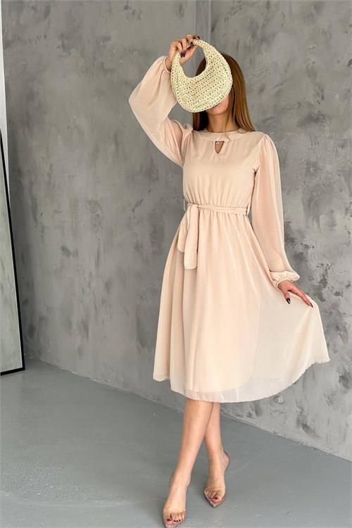 kadın bej midi boy astarlı şifon elbise DPKKLF2027