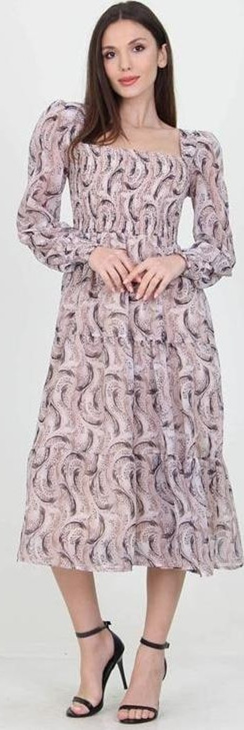 kadın bej desenli kare yaka gipeli şifon elbise DP100361