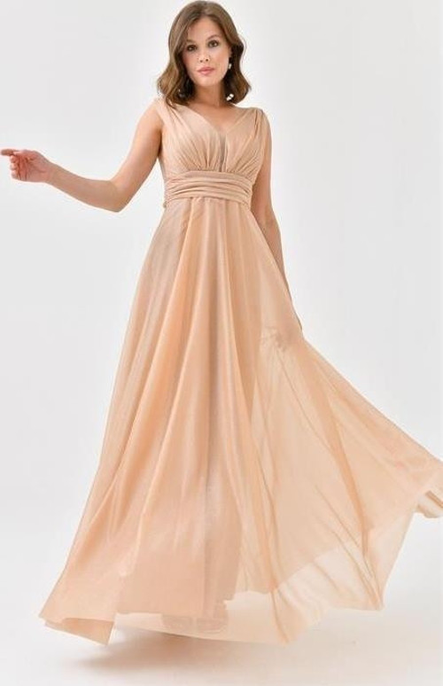 kadın gold v yaka simli tül abiye elbise DPS9223