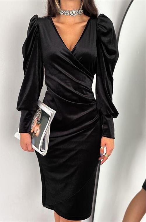kadın kruvaze yaka büzgülü kadife elbise KKLF68 - Siyah