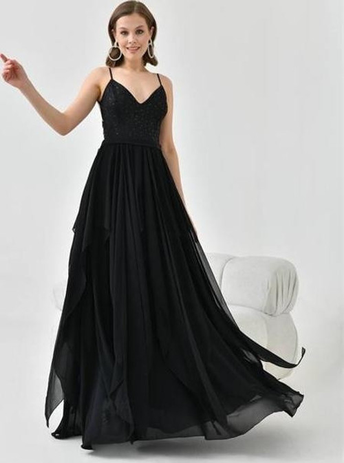 kadın siyah tül sırt ve dantel detaylı abiye elbise DPS9348