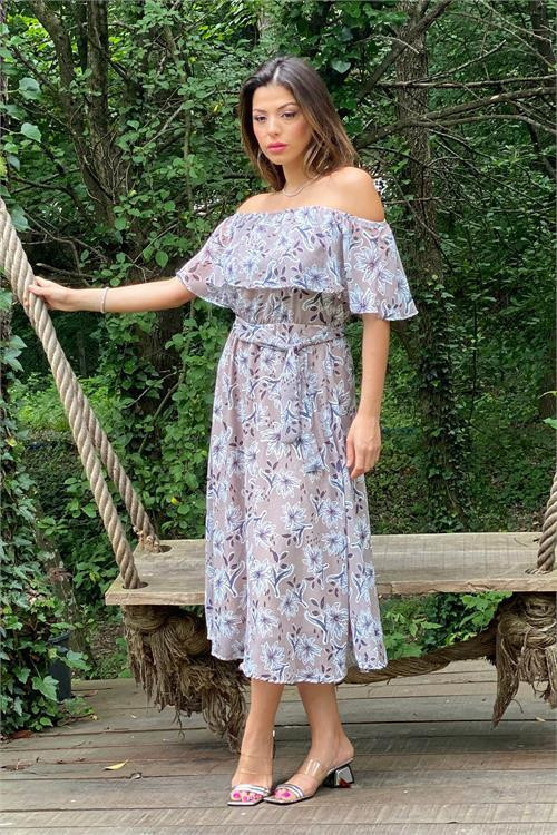 kadın bej madonna kuşaklı çiçek desenli şifon elbise DP10037