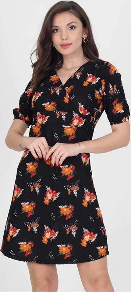 kadın kruvaze yaka çiçek desenli örme krep mini elbise DP10022