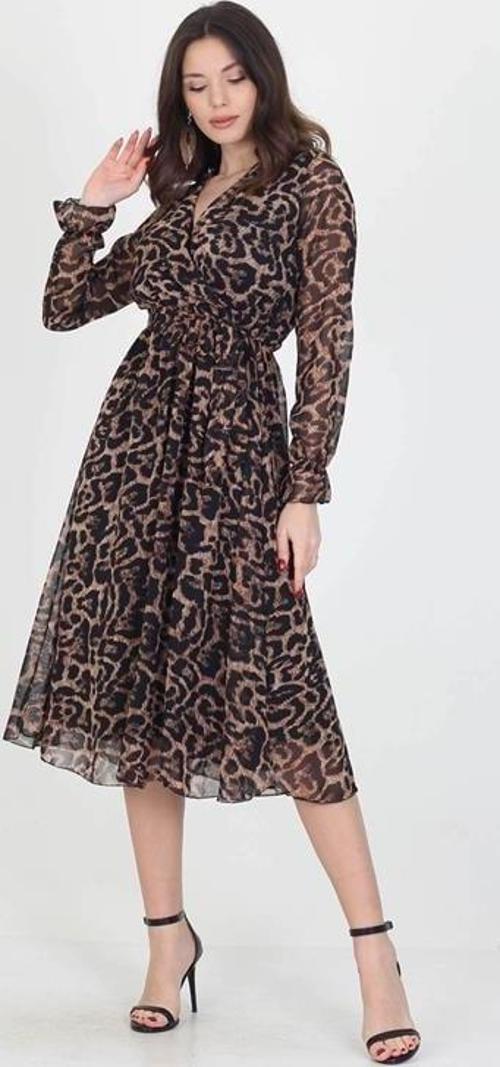 kadın yakası bağlama dertaylı leopar şifon elbise RSSN07