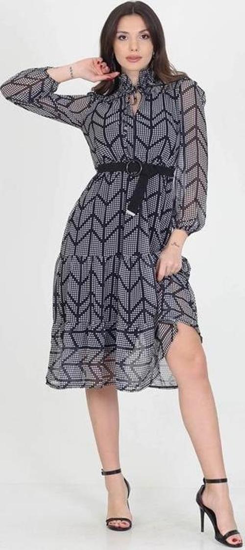 kadın puantiyeli omuz ve yakası gipeli midi boy kemerli şifon elbise DP0005