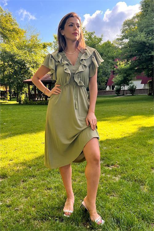 kadın yaka ve kolları fırfırlı bağlama detaylı ayrobin elbise DP10050