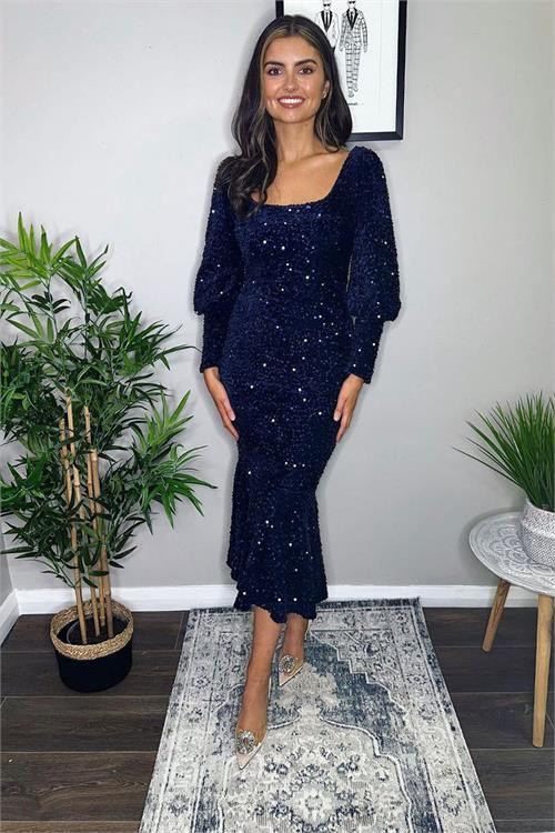 kadın eteği volanlı pul payet abiye elbise DPEMP2336
