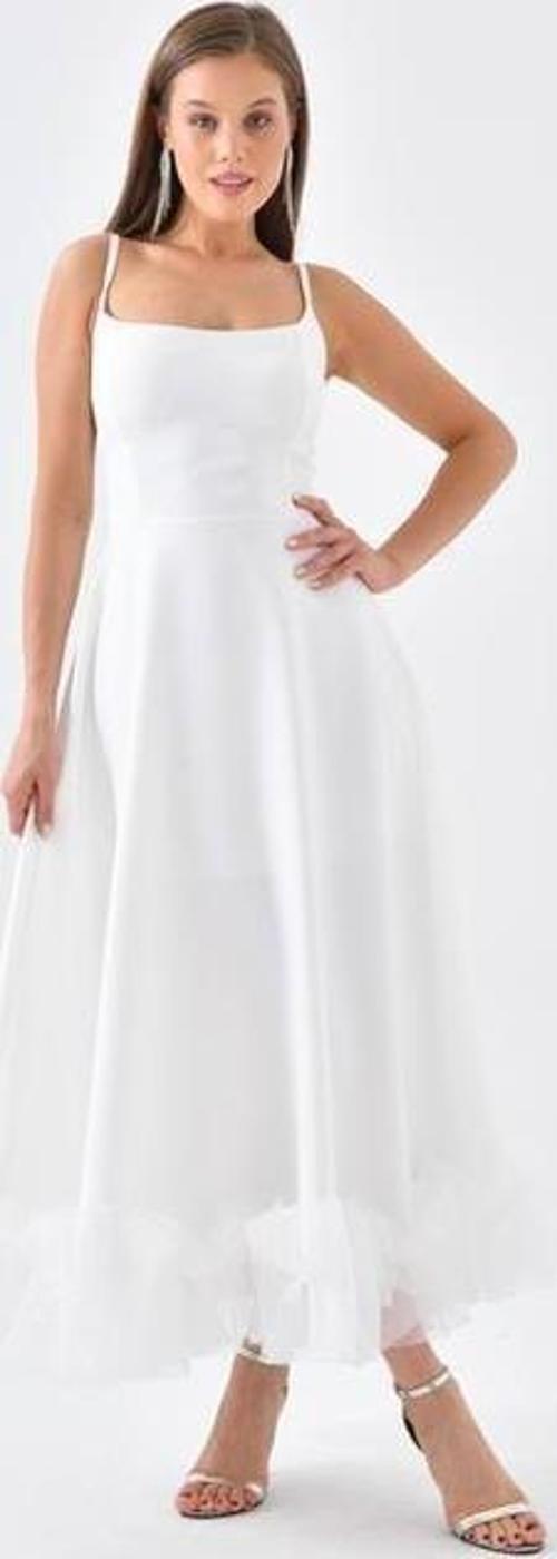 kadın beyaz askılı eteği fırfır detaylı abiye elbise DPSWLL12