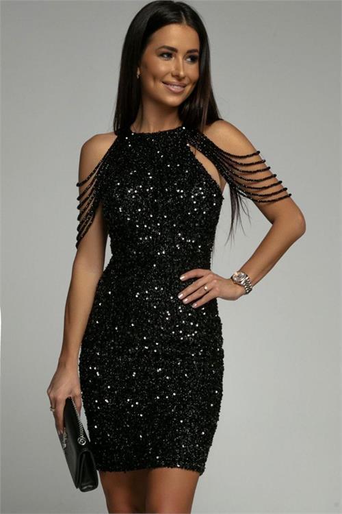 kadın siyah taş detaylı abiye elbise DPEMP2119