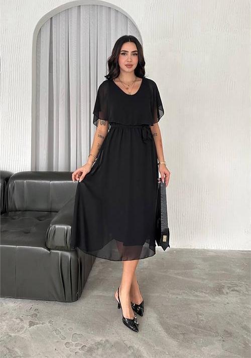 kadın kuşaklı midi boy şifon elbise DPK4116