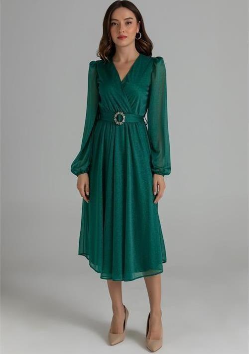 kadın kemerli kruvaze yaka simli gece elbisesi DPMY3590