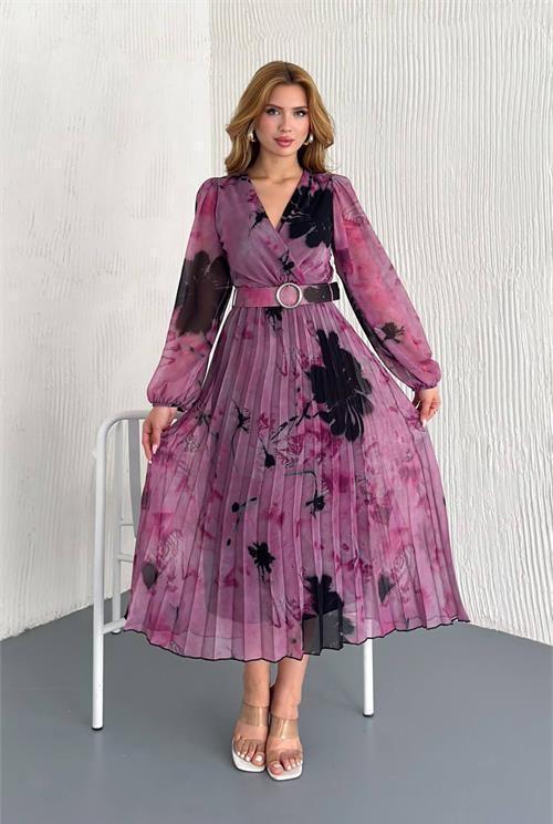 kadın kemerli kruvaze yaka desenli şifon elbise DPK20302