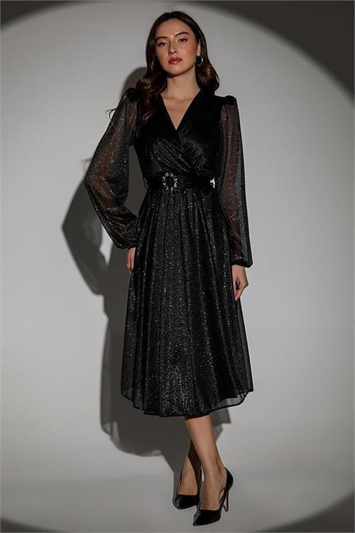 kadın kemerli kruvaze yaka simli gece elbisesi DPMY3590