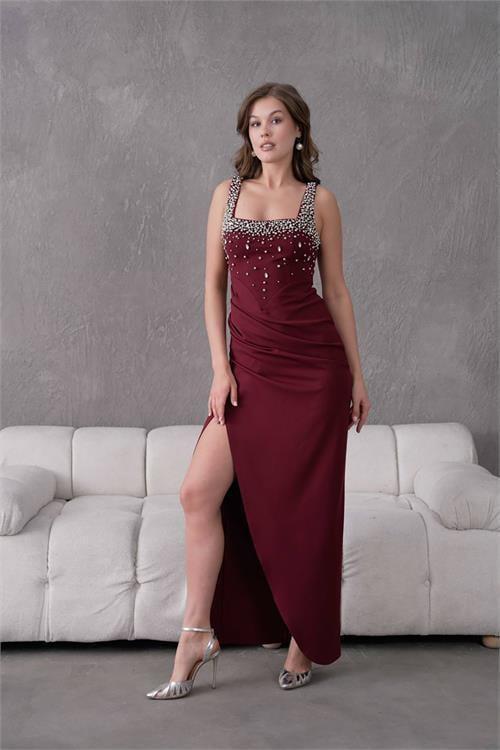 kadın taş detaylı askılı uzun abiye elbise DPS9367
