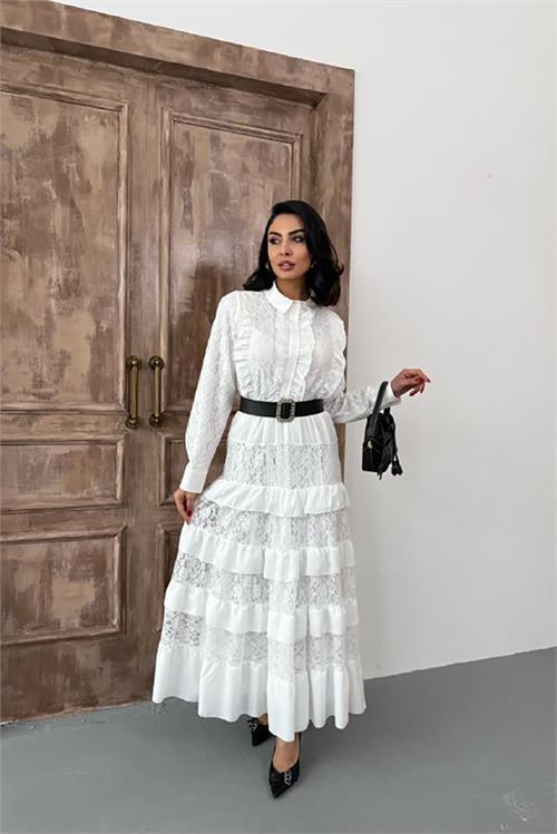 Kadın beyaz kemerli özel tasarım dantel detaylı elbise DPMS2547