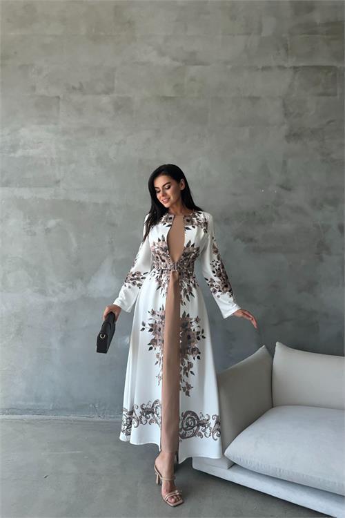kadın yazlık babel kumaş desenli uzun elbise DPMS42127
