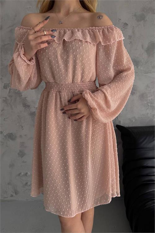 kadın camel madonna yaka mini ponpon şifon elbise DPK2057