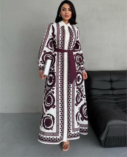 kadın kuşaklı uzun tasarım elbise DPMS2504