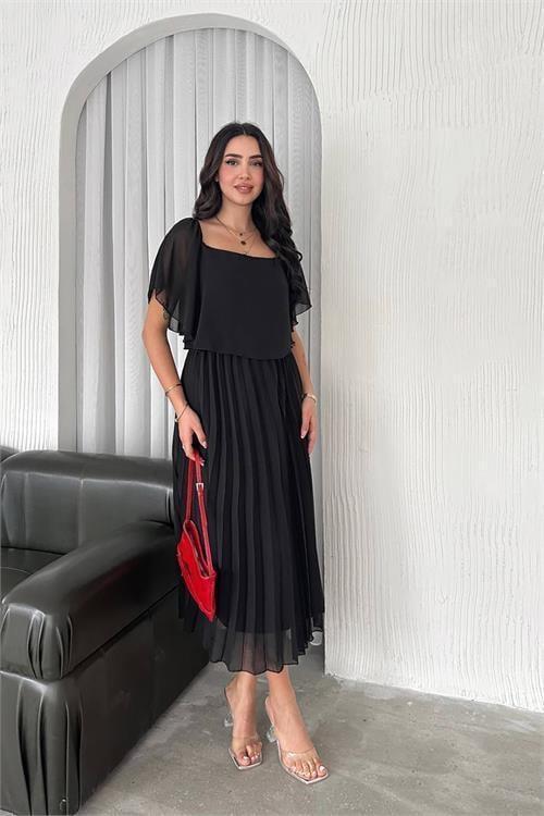 kadın siyah pileli midi boy şifon elbise DPK4102