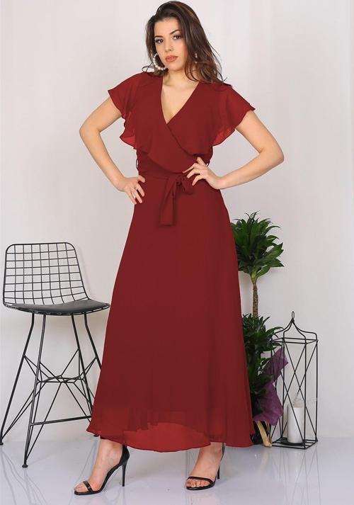 Kadın Kruvaze Yaka Bağlama Detaylı Yeni Sezon Uzun Şifon Elbise KTS001