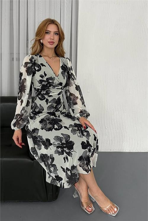 kadın dönük yaka desenli şifon elbise DPK30441