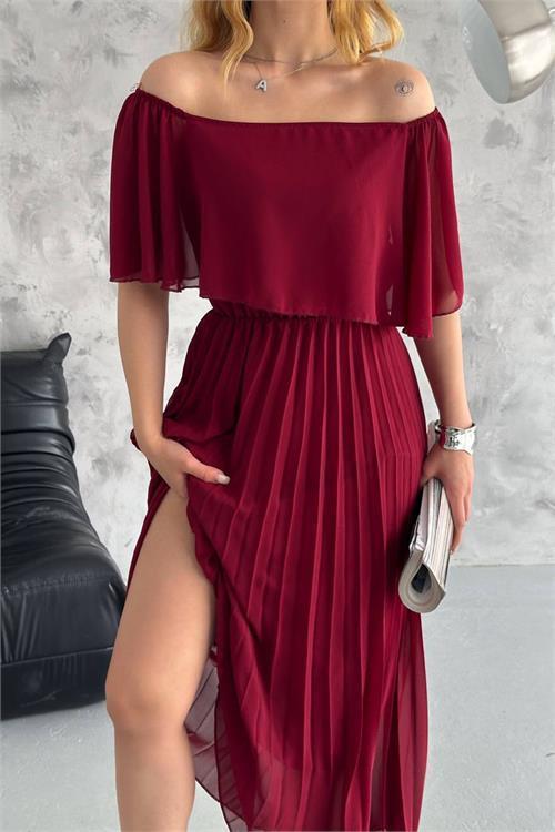 kadın madonna yaka piliseli şifon elbise DPK2099