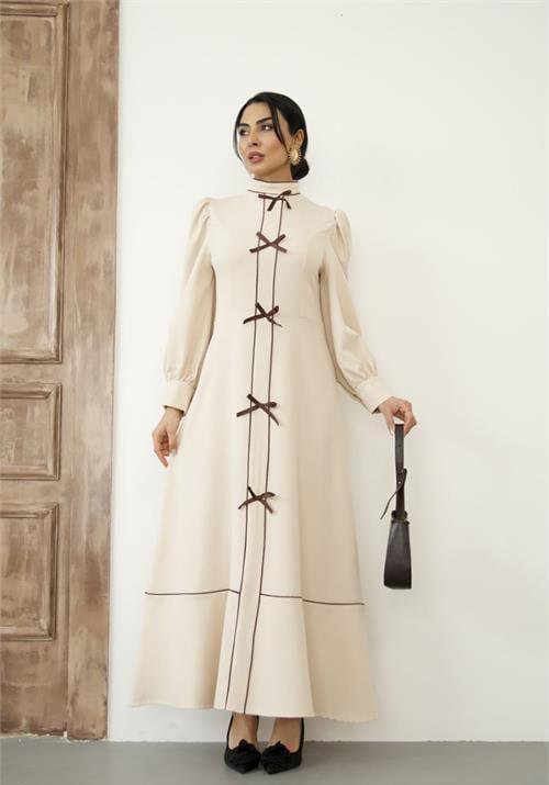 Kadın Özel Tasarım atlas kumaş fiyonk detaylı uzun elbise DPMS2515