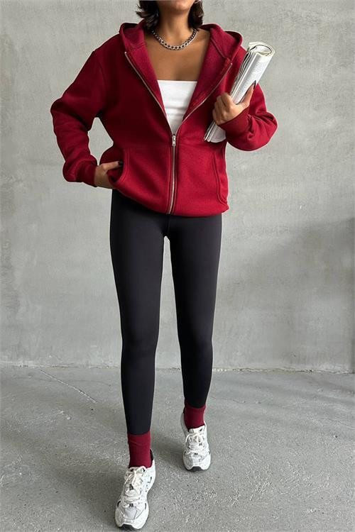 kadın bordo kapuşonlu içi pamuklu sweat DPG030