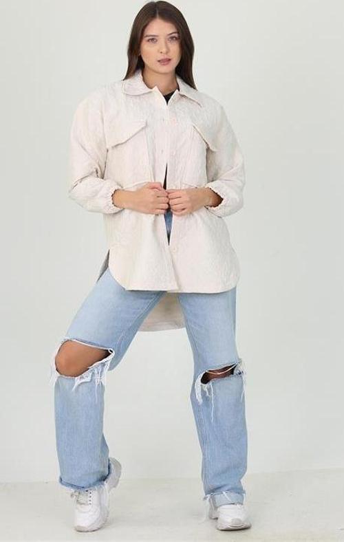 kadın bej cep detaylı owersize ceket gömlek RY10055