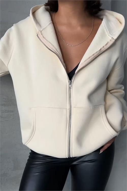 kadın bej kapuşonlu içi pamuklu sweat DPG030