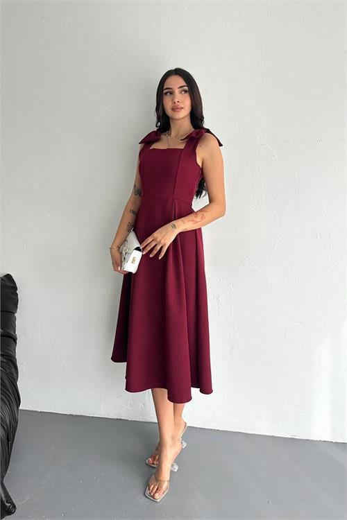kadın askılı fiyonk detaylı kloş elbise DPK4185