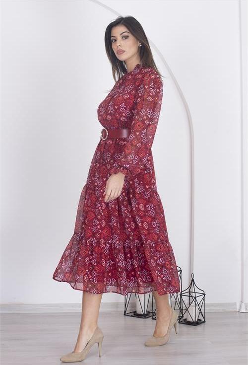 kadın astarlı etnik desenli şifon elbise RSDP002 - Bordo
