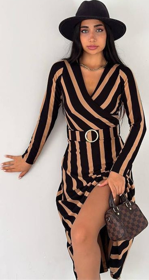 kadın kemerli midi boy çizgili elbise KKLF48