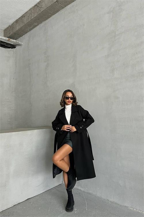 kadın astarlı siyah ithal kaşe kaban DPG048