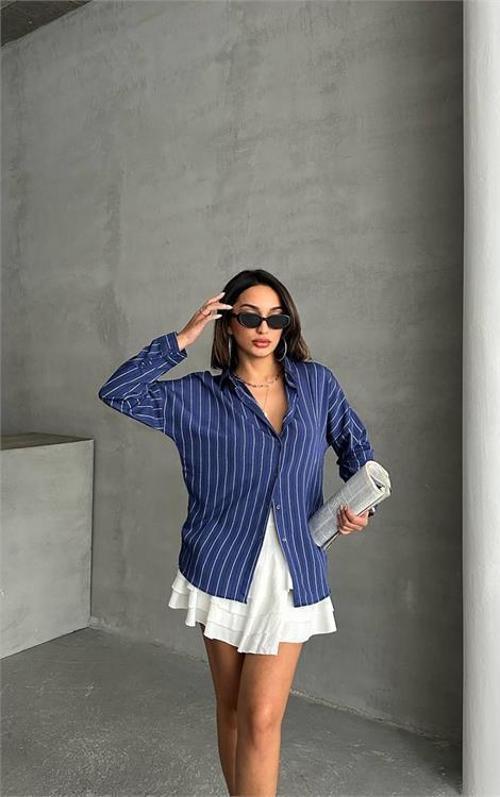 kadın çizgili oversize likralı gömlek DPG075