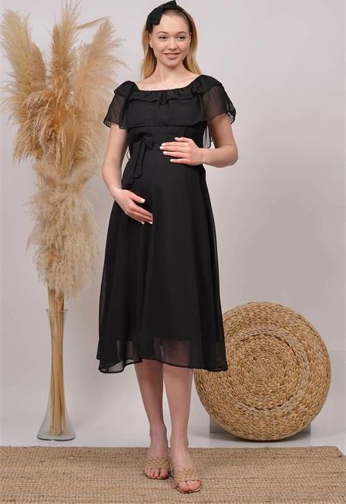 kadın siyah midi boy madonna yaka şifon hamile elbisesi HML8060