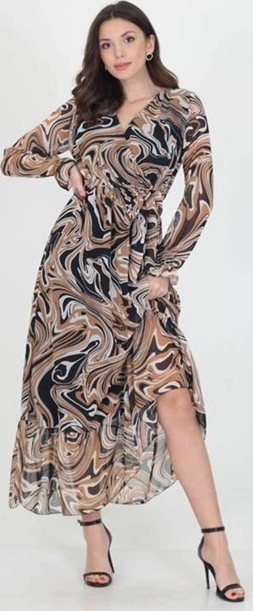 kadın kruvaze yaka bağlama detaylı eteği fırfırlı uzun şifon elbise KTS003