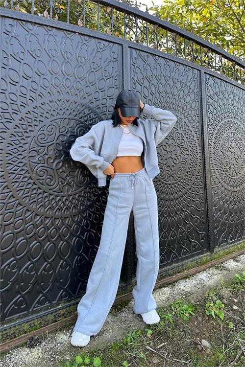 kadın gri fermuarlı kışlık eşofman takımı DPG026