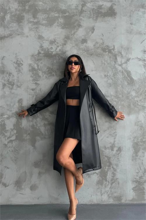 kadın Marilyn siyah suni deri trençkot DPMYLK21