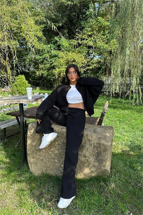 kadın siyah fermuarlı kışlık salaş eşofman takımı DPG026