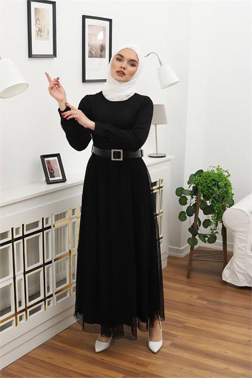 kadın tül kemerli tesettür elbise RSSN45 - Siyah