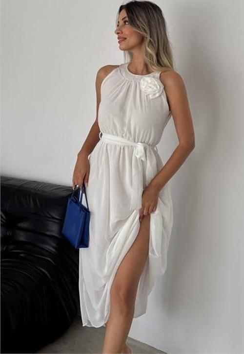 kadın gül broş detaylı uzun şifon elbise DPK2144